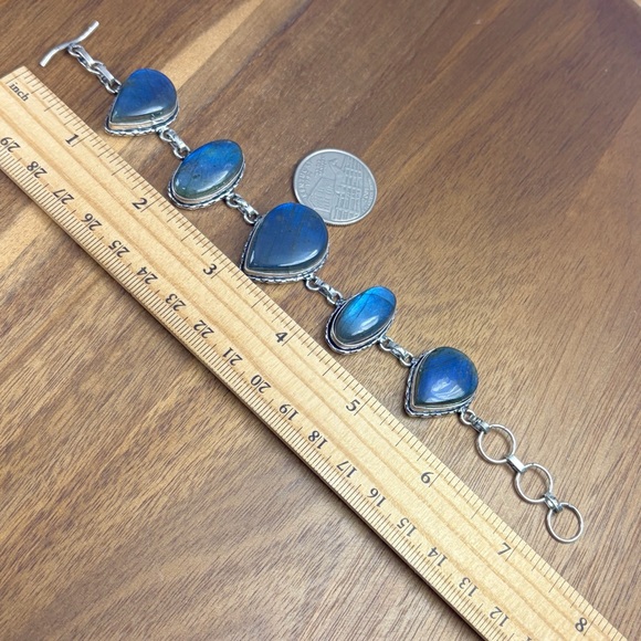 Blue Labradorite Bracelet Chunky Vintage Boho Southwest Style Pear Oval New 925 - Picture 5 of 6